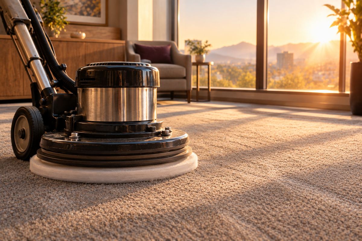 Low moisture bonnet carpet cleaning machine in a sunlit room