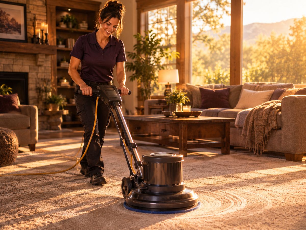Smiling cleaner operating a low moisture carpet machine