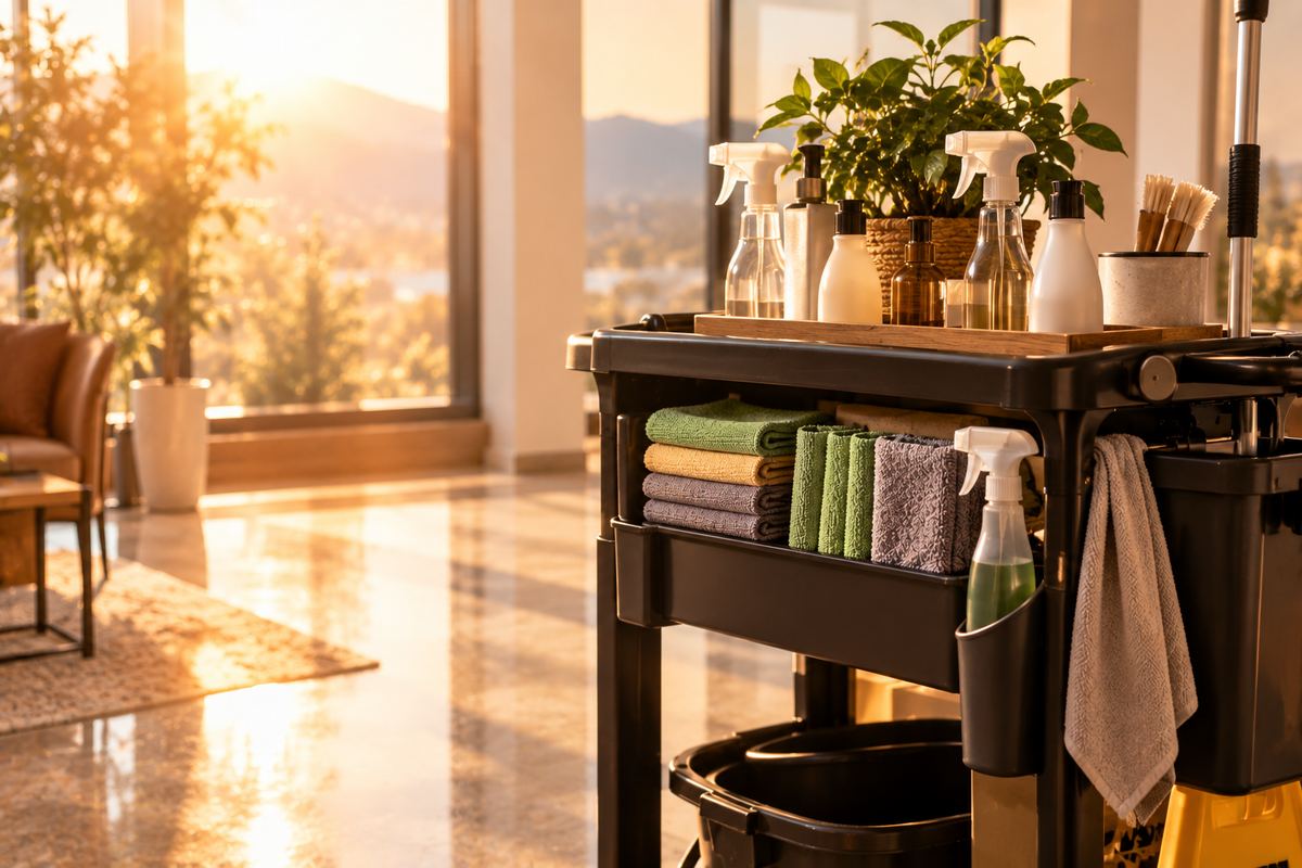 Organized cleaning supplies on a cart in warm morning light