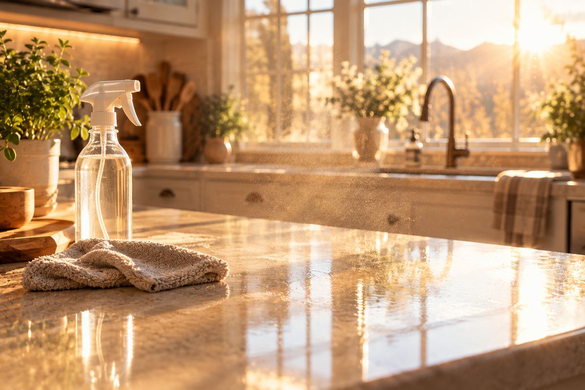 Freshly wiped, sunlit kitchen counter