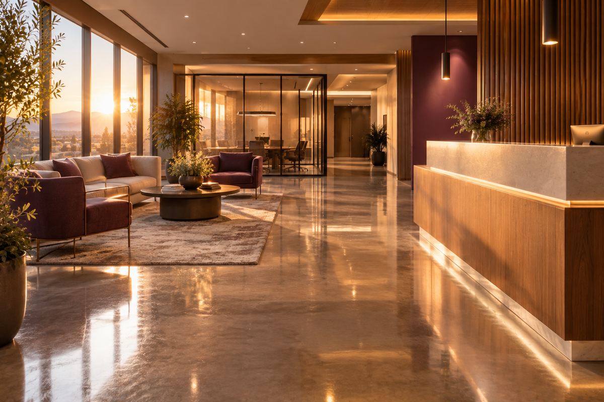 Clean, modern office lobby at sunset