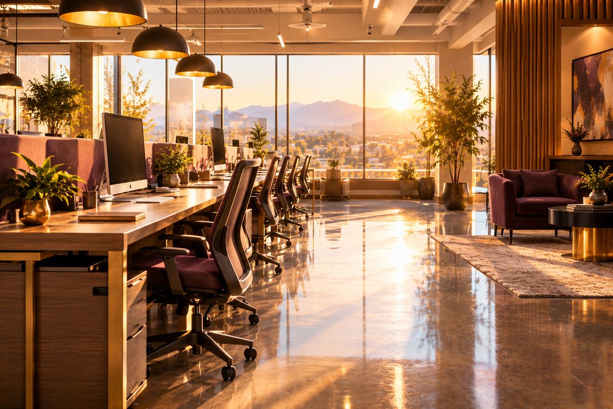 Clean, sunlit office workspace